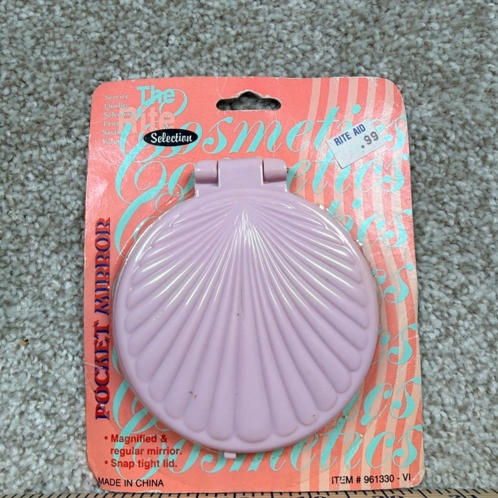Vintage Rite Aid Seashell Pocket Mirror Lavender Pink Dual Sided Compact